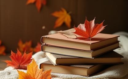 Stack of books with autumn leaves
