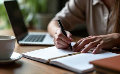 Person writing at a desk with books and coffee