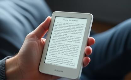 Close-up of a hand holding an e-reader device