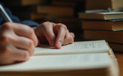 Person writing in a notebook surrounded by books